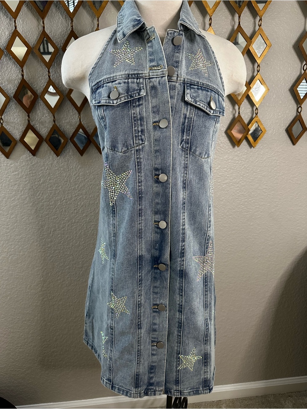 NWT Rhinestone Star Denim Halter Dress